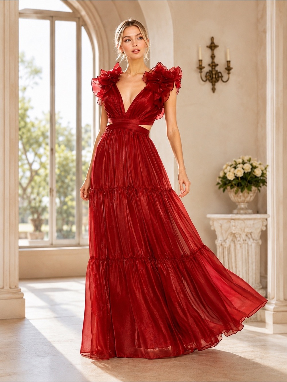 NWT Mac Duggal Red Organza Tiered Cutout Gown Open Back Flutter Sleeve 4
